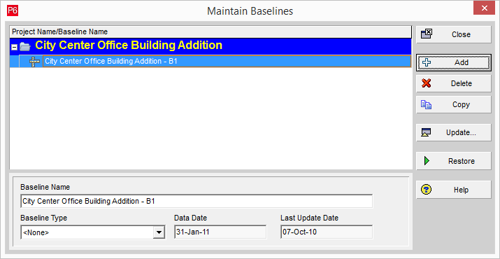P6 Maintain Baselines Dialog