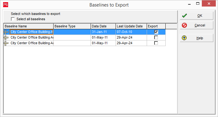 P6 PMXML Select Baselines